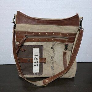 Myra Country Charm Upcycled Canvas & Leather Beige Brown Shoulder Crossbody Bag